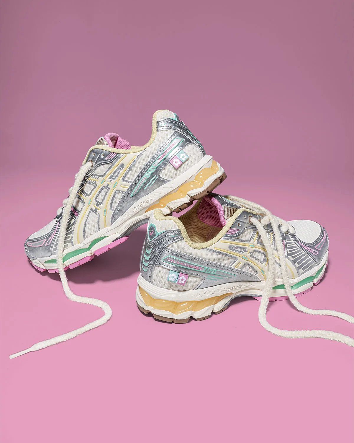 VANDYTHEPINK x ASICS GEL-Kayano 12.1 Vanilla colorway with waffle-textured white mesh upper and rainbow sprinkle accents