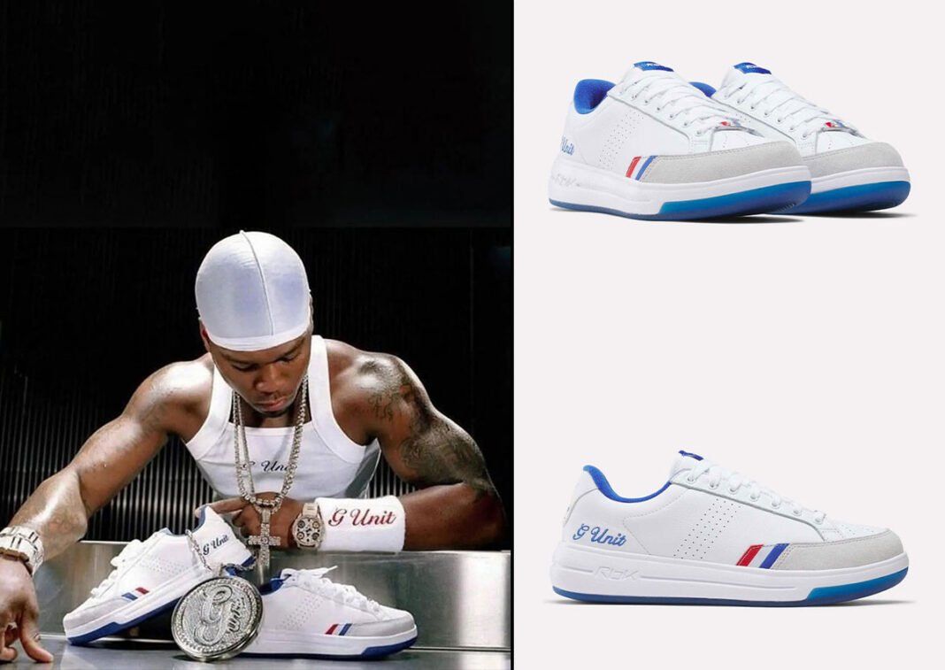 Reebok G-Unit G6 retro sneaker in white leather with light grey suede toe and royal blue accents, releasing August 2026