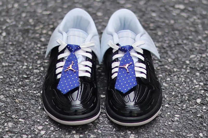 Air Jordan 1 Low Method of Make V3 'Suit & Tie' featuring glossy black leather upper with folded light blue pinstriped shirt collar