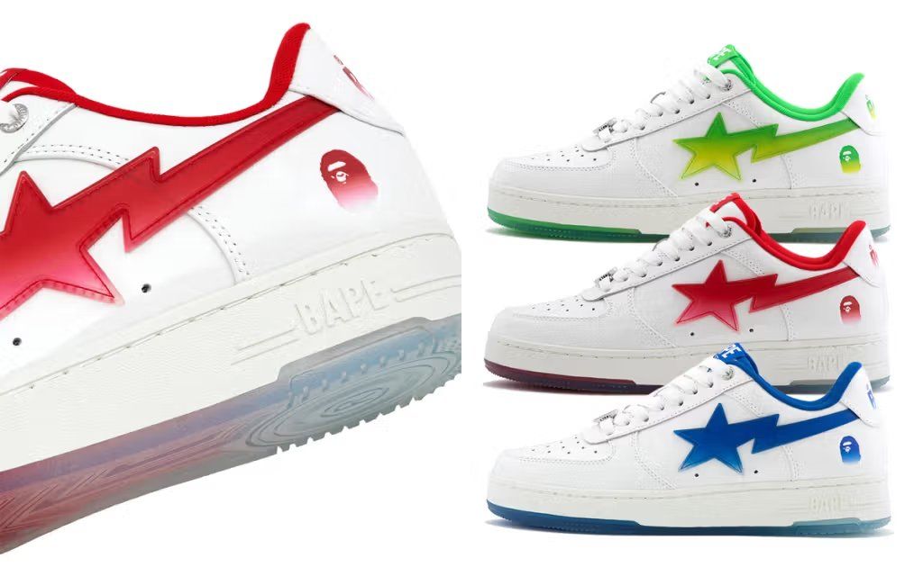 BAPE STA Y2K Glow Pack featuring three luminescent colorways with glow-in-the-dark accents on the iconic low-cut silhouette