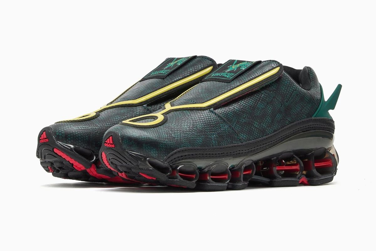 Pokémon x adidas Megaride F50 Rayquaza in green and yellow colorway, style code KI5325