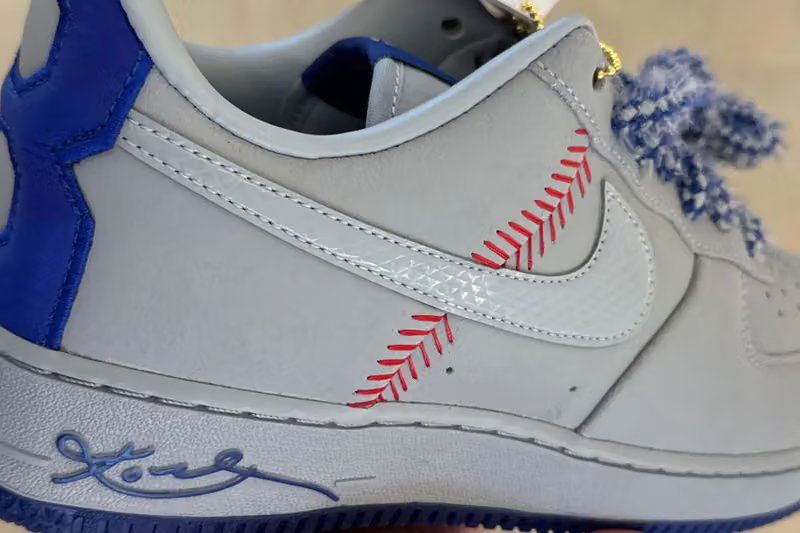 Nike Air Force 1 Low Protro Kobe Bryant Dodgers in Wolf Grey and Rush Blue, featuring No. 8 heel detail and baseball-inspired stitching