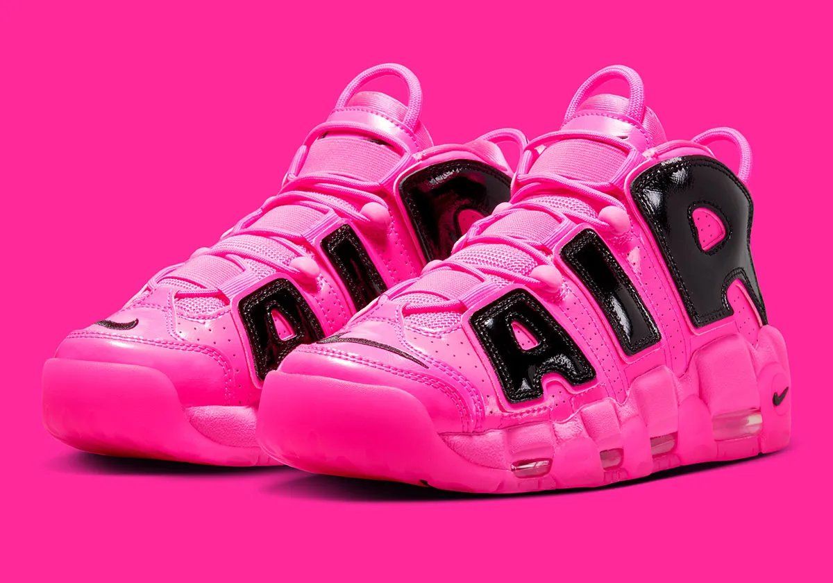 Nike Air More Uptempo '96 in Pink Blast colorway, featuring the signature exaggerated toe box and translucent forefoot paneling