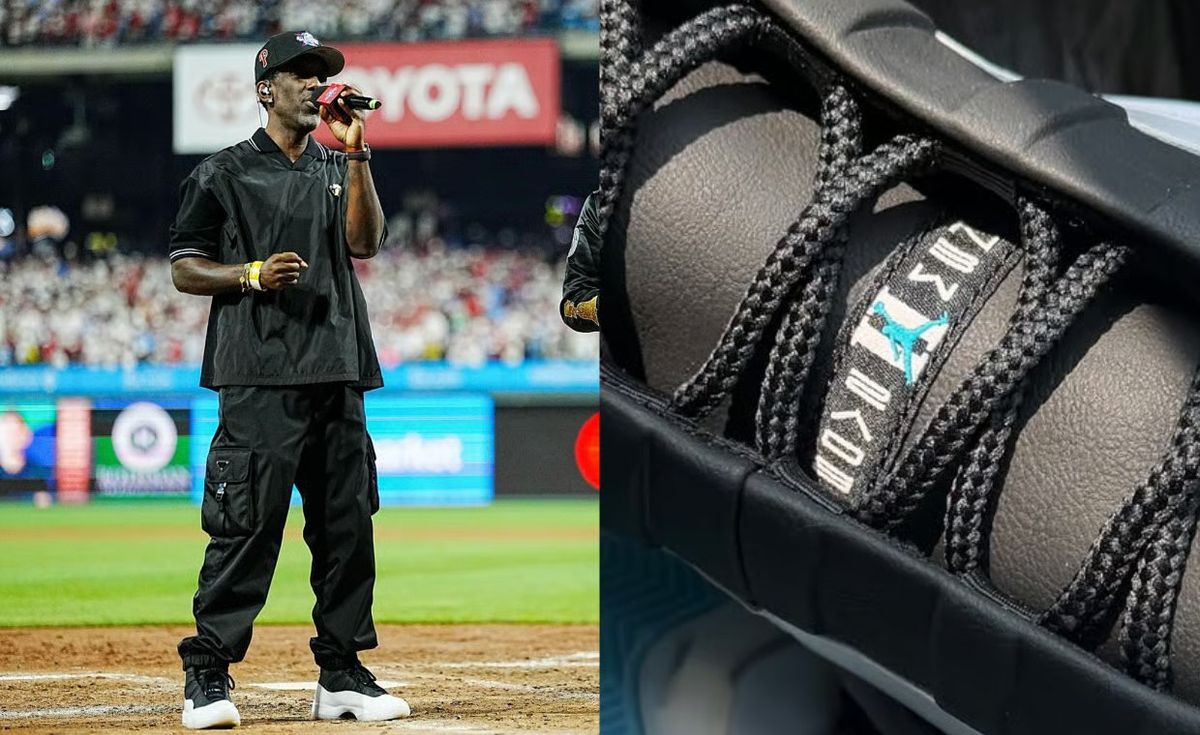 Boyz II Men wearing custom Air Jordan 11 PE with white leather mudguard and black fabric upper at MLB All-Star Game