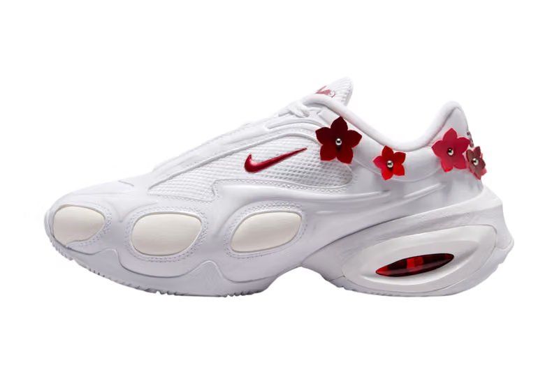 Nike Air Max Muse Floral Pack in white leather with metallic silver beaded flower hardware at the heel