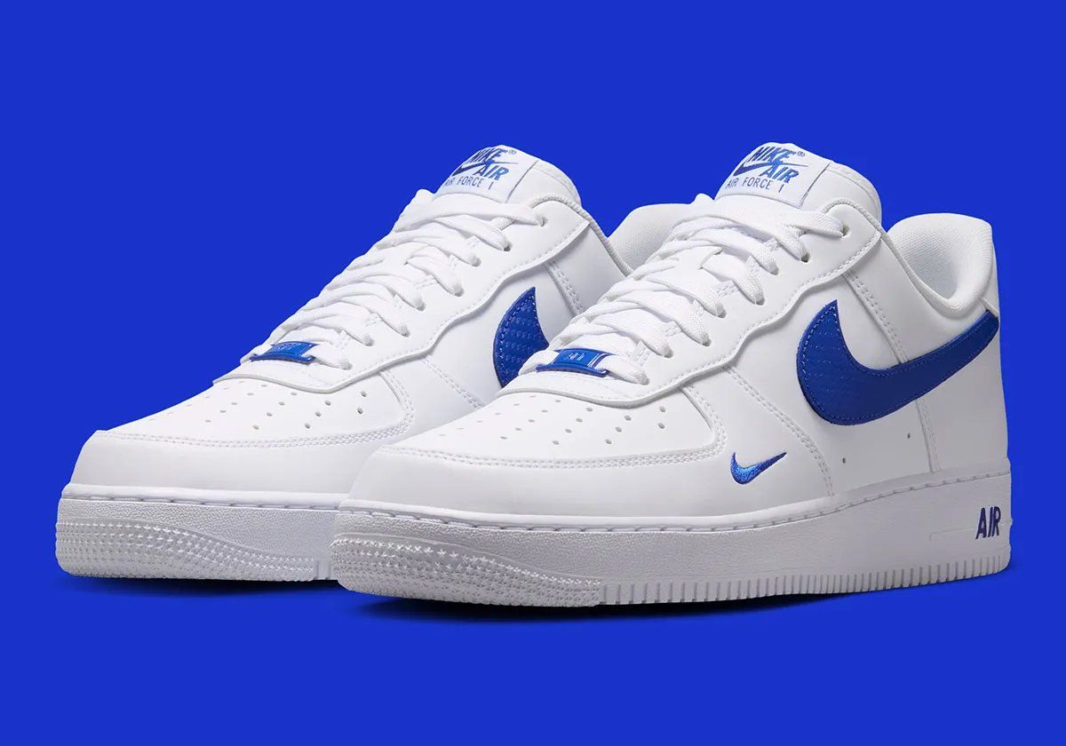 Nike Air Force 1 Low in White with Game Royal carbon fiber Swoosh and accents, lateral view