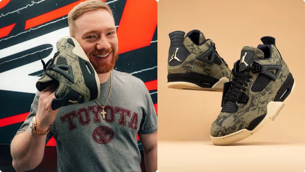 Jordan Air Jordan 4 PE in full snakeskin texture treatment, showcasing reptilian scaled upper across the entire shoe