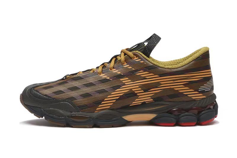 Kiko Kostadinov x ASICS GEL-SJ33 in Black Coffee/Orange Lily colorway, showcasing seamless upper construction and striped graphic patterns