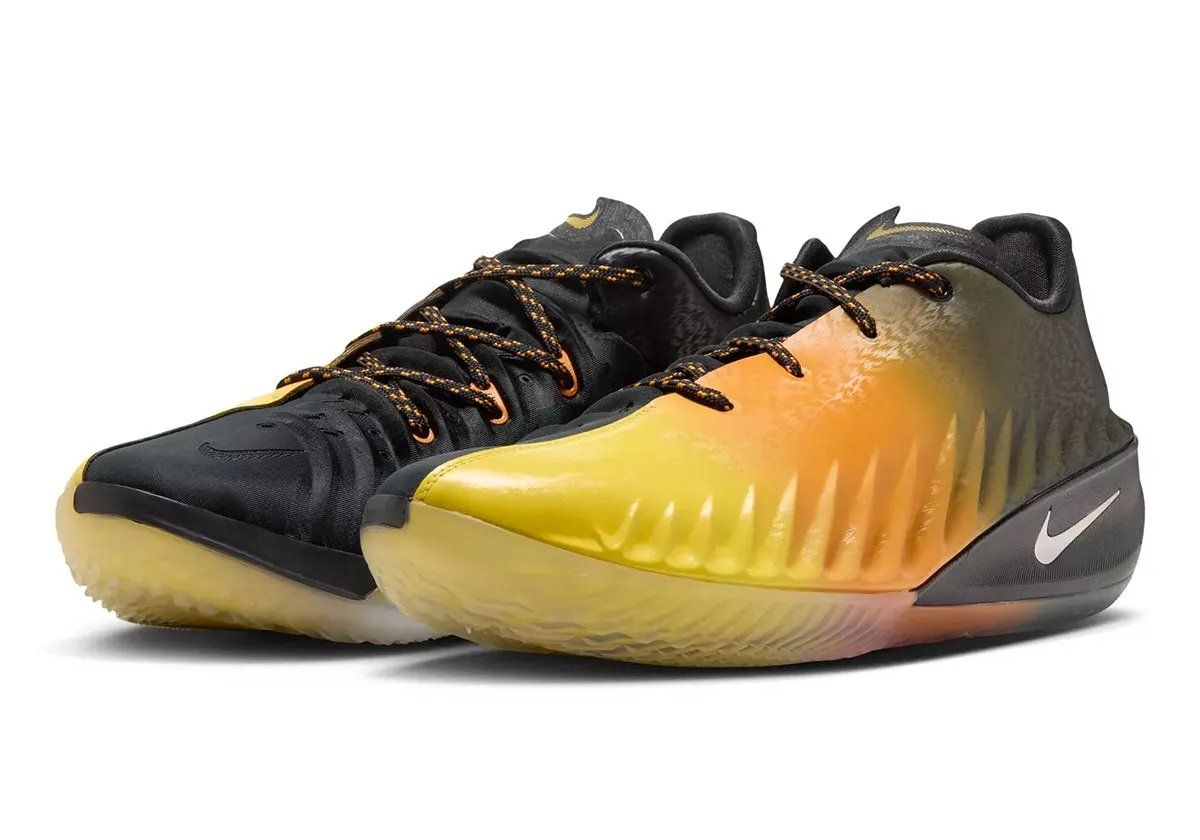 Nike Zoom GT Cut 4 'Sunset' in yellow, orange, and black gradient colorway shown from multiple angles