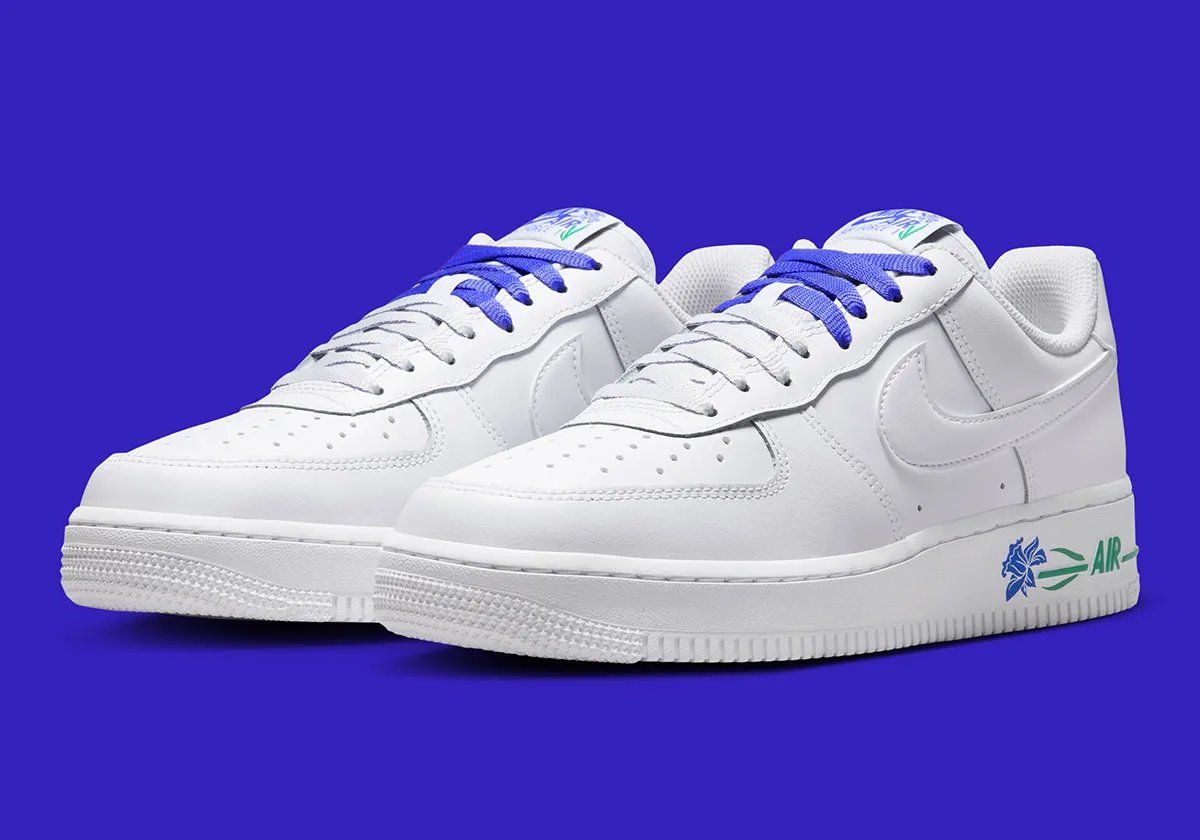 Nike Air Force 1 Low in Persian Violet with periwinkle canvas and sage green Air unit detailing