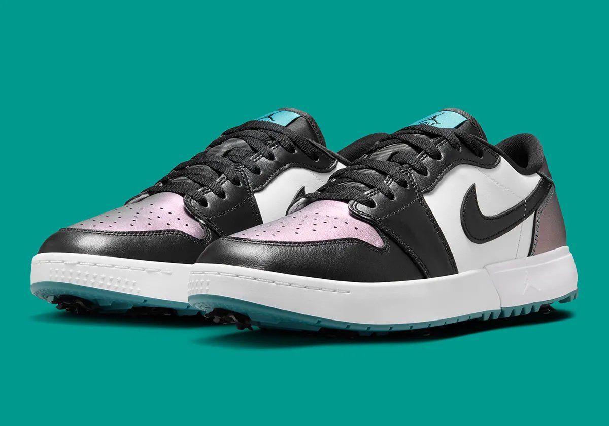 Air Jordan 1 Low Golf "Chameleon" with iridescent Mineral Teal leather and black accents, featuring radial golf spikes on teal outsole