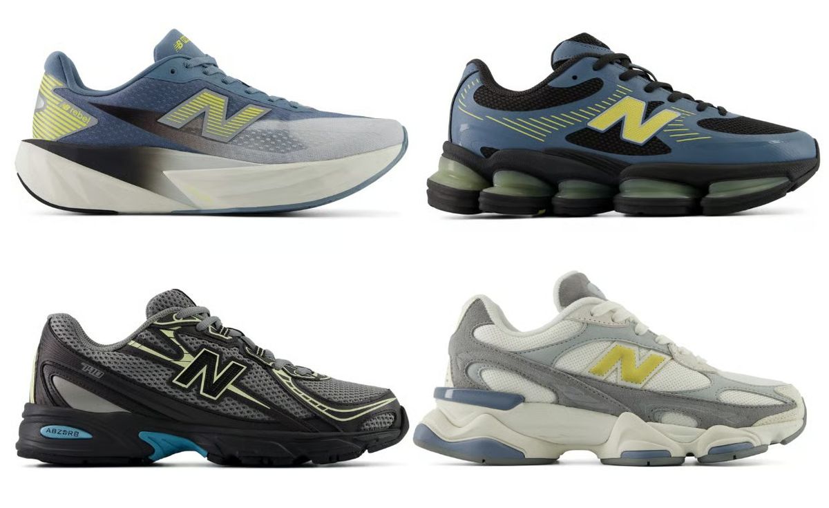 New Balance Night Lights Pack featuring the 9060R, 740, FuelCell Rebel V5, and ABZORB 2000 in soft blue and neon yellow colorways