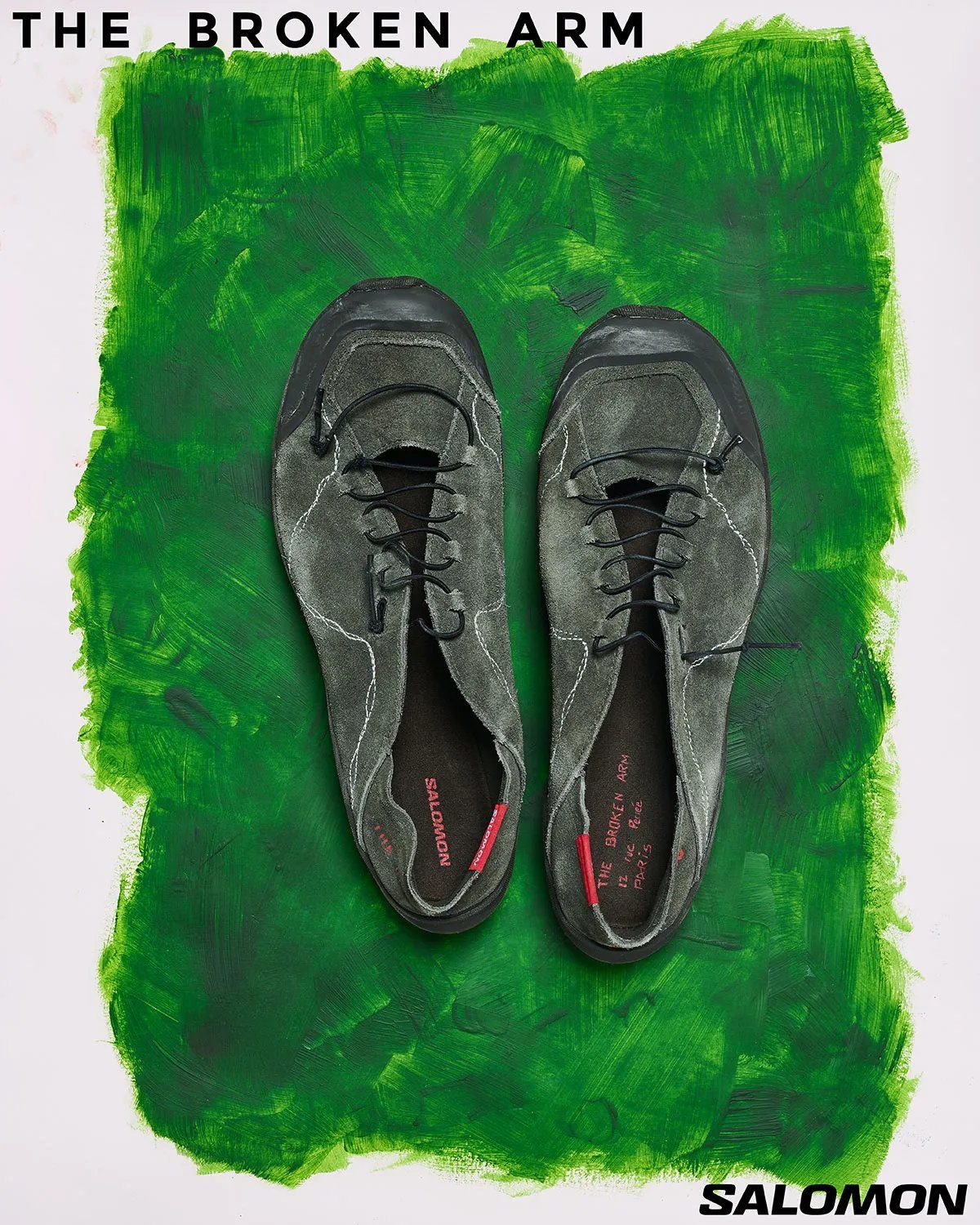 Broken Arm x Salomon Savát sneaker collaboration featuring minimalist leather upper and performance sole unit, shown in Cosmic Sky and Black Olive colorways