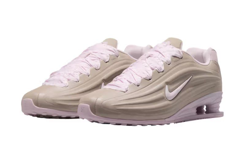 Nike Shox Z in Enigma Stone and Bleached Dry Lacquer colorway, featuring refined cylindrical platform and ribbon laces