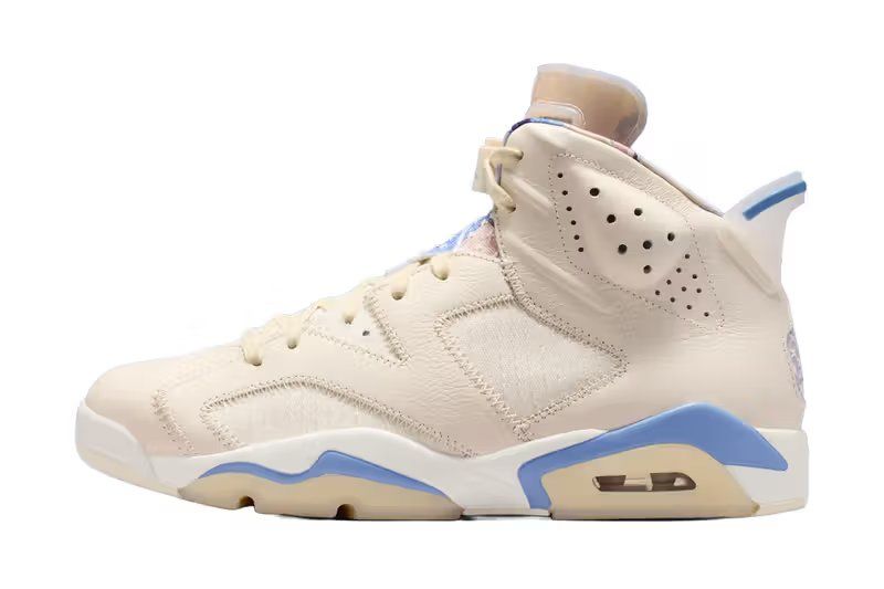 Air Jordan 6 'Sashiko' in pale ivory leather with indigo tie-dye and cross-stitch detailing