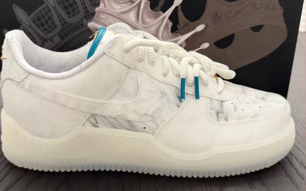 Nike Air Force 1 in white with marble textured paneling, designed in collaboration with LeBron James