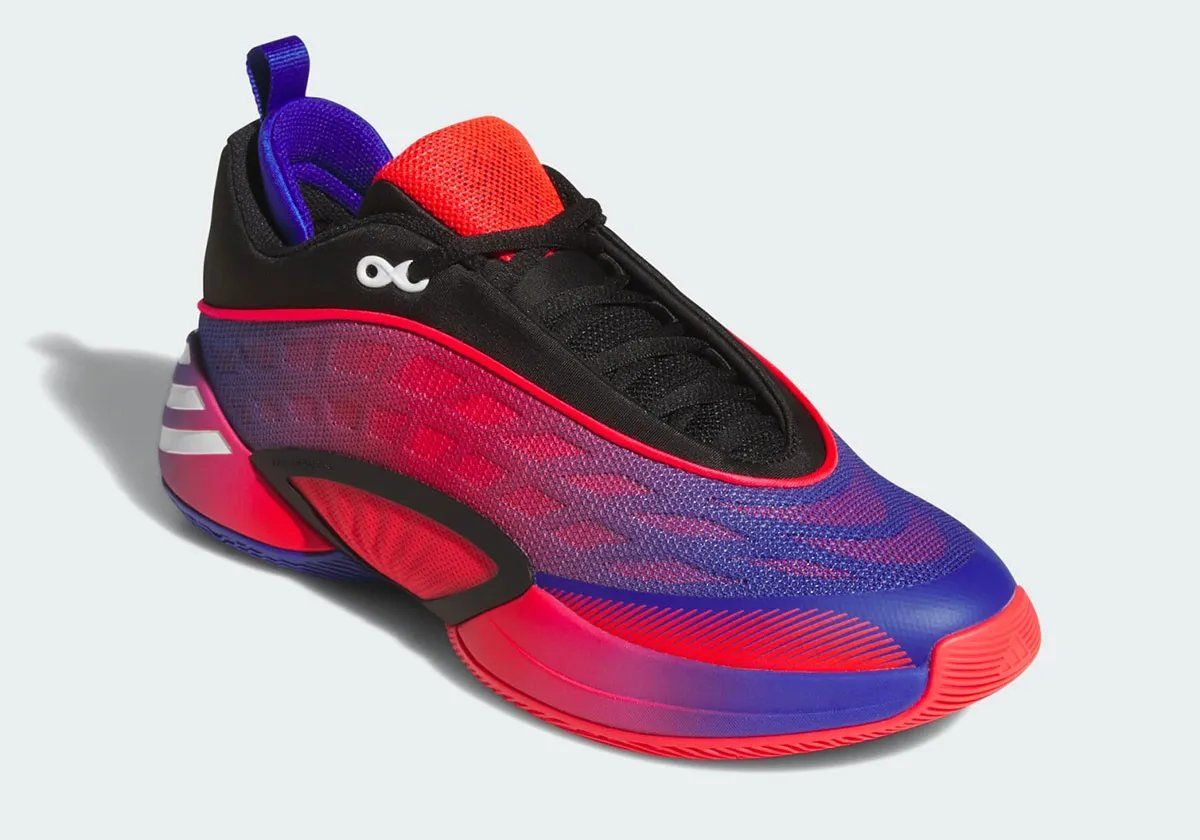 adidas DON Issue 8 Spider-Man colorway featuring webbed overlay design with blue-to-red and red-to-blue gradients on black and white base