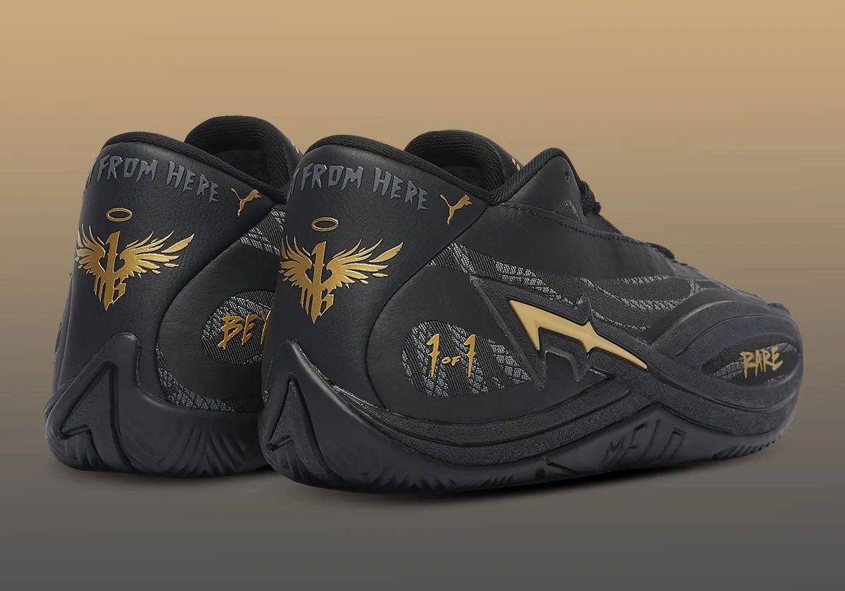 PUMA MB.06 in Black with metallic gold accents on tattoo-inspired graphics, LaMelo Ball signature model