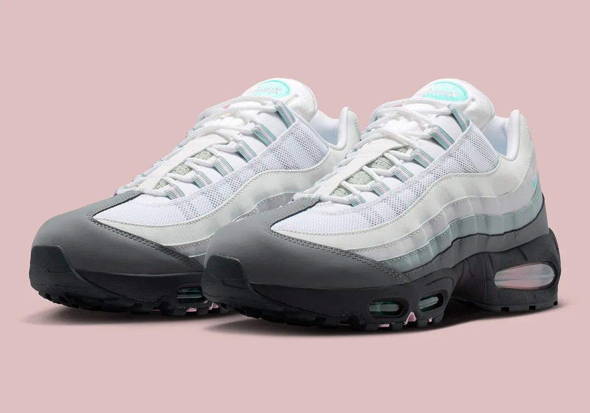 Nike Air Max 95 South Beach with white leather, gradient side paneling, and neon pink and teal accents