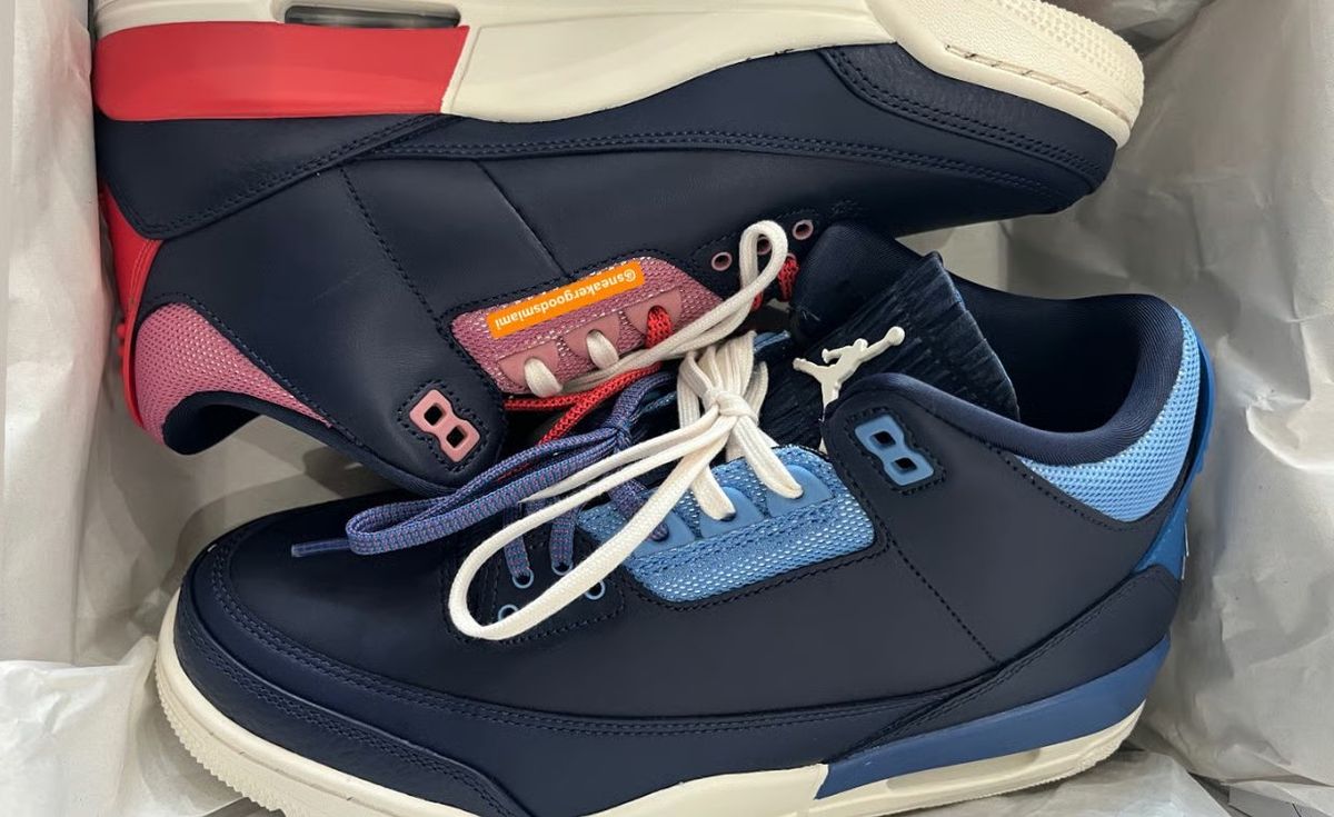Air Jordan 3 in baby blue and pink nylon with scrunched tongue detail, side view