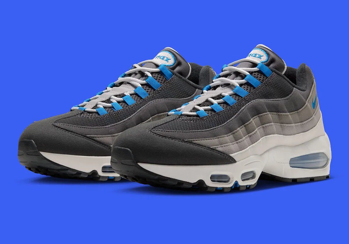 Nike Air Max 95 "Reverse Blue Spark" featuring inverted colorway with Blue Spark accents on Swoosh, tongue, and Big Bubble Air unit, white midsole, and black tongue