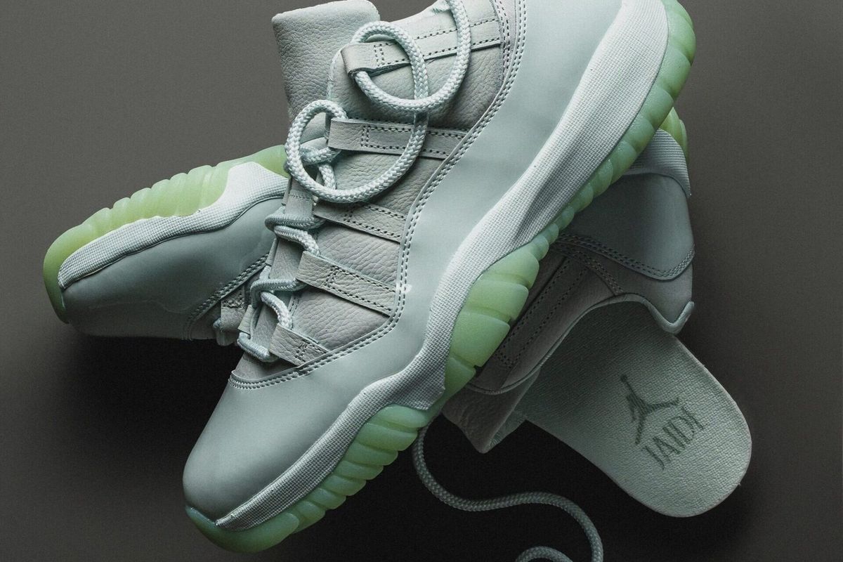 JAIDE x Air Jordan 11 Low WMNS 'Fiberglass' in fiberglass, white, and black colorway