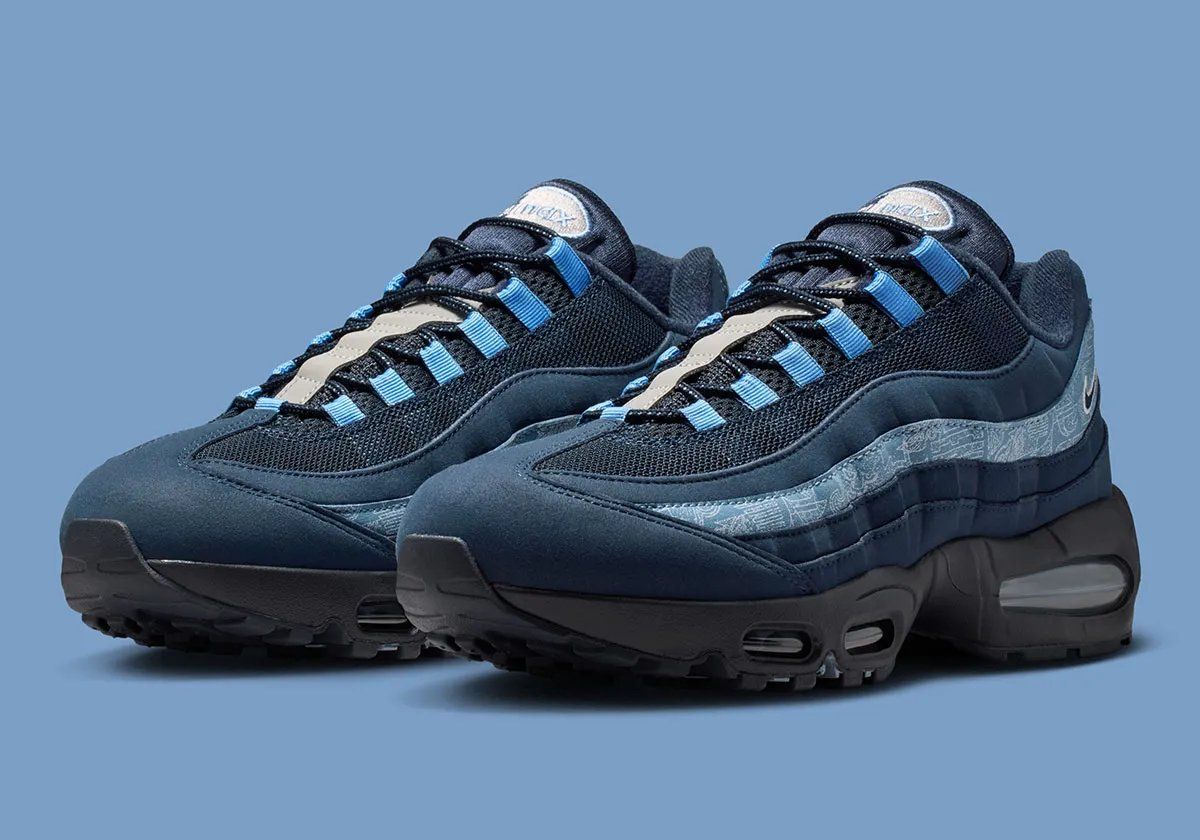 Nike Air Max 95 SE in Obsidian and Work Blue with blueprint-pattern overlay and silver spine