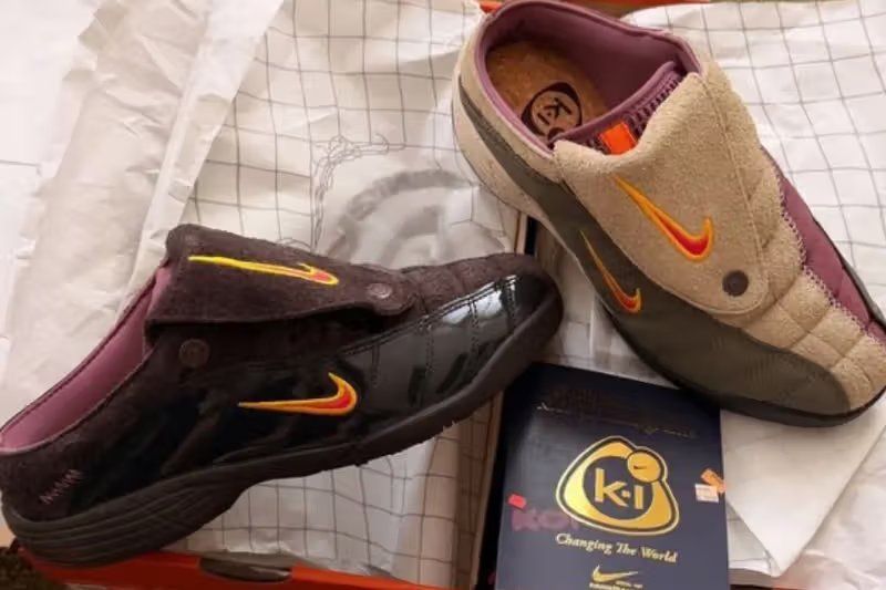 Kids of Immigrants x Nike Total 90 Mule in khaki and velvet brown colorways with warm earth tone accents