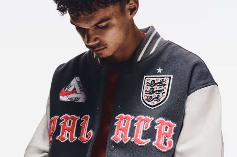 Palace x Nike The Three Lions capsule featuring leather varsity jacket and silver anthem zip-up for England national team