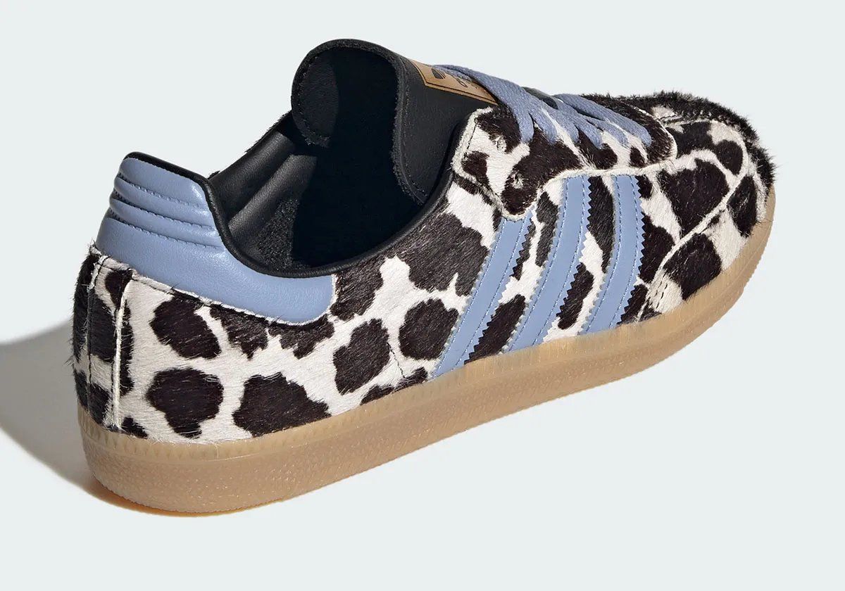 adidas Samba Cow Print in white pony hair with black spots and light blue accents, women's sizing