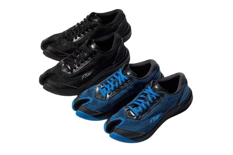 Kiko Kostadinov x ASICS ILARGI FF tabi-style split-toe sneaker in black and blue colorways