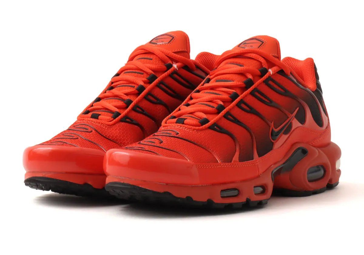 Nike Air Max Plus in red and black colorway, showcasing the silhouette's tubular Air unit and exoskeletal cage design