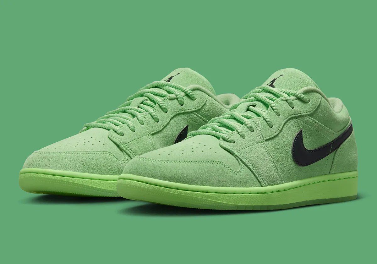 Air Jordan 1 Low Avalanche Lime with suede upper mimicking tennis ball texture and jeweled Wings logo cutout