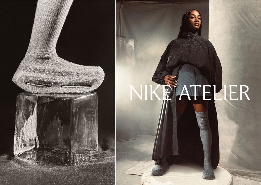 Nike Vomero Premium in grey fleece with hand-set Swarovski crystals from Sha'Carri Richardson's Nike Atelier collection for Athlos A26
