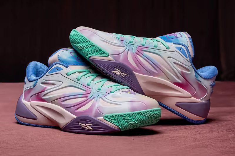 Reebok Angel Reese 1 in Unapologetically Angel colorway featuring multi-color tie-dye TPU skeleton over tan mesh base