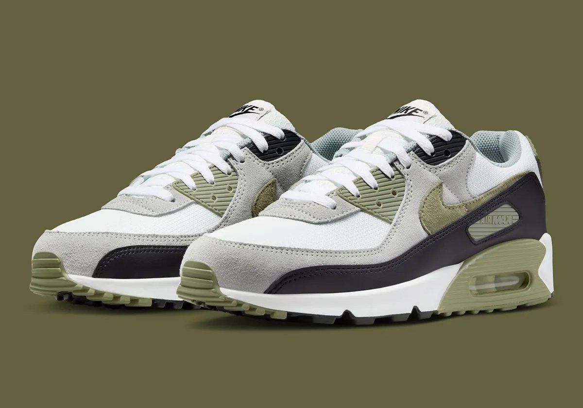Nike Air Max 90 in Silver Sage colorway, showing OG color blocking on mesh and synthetic upper