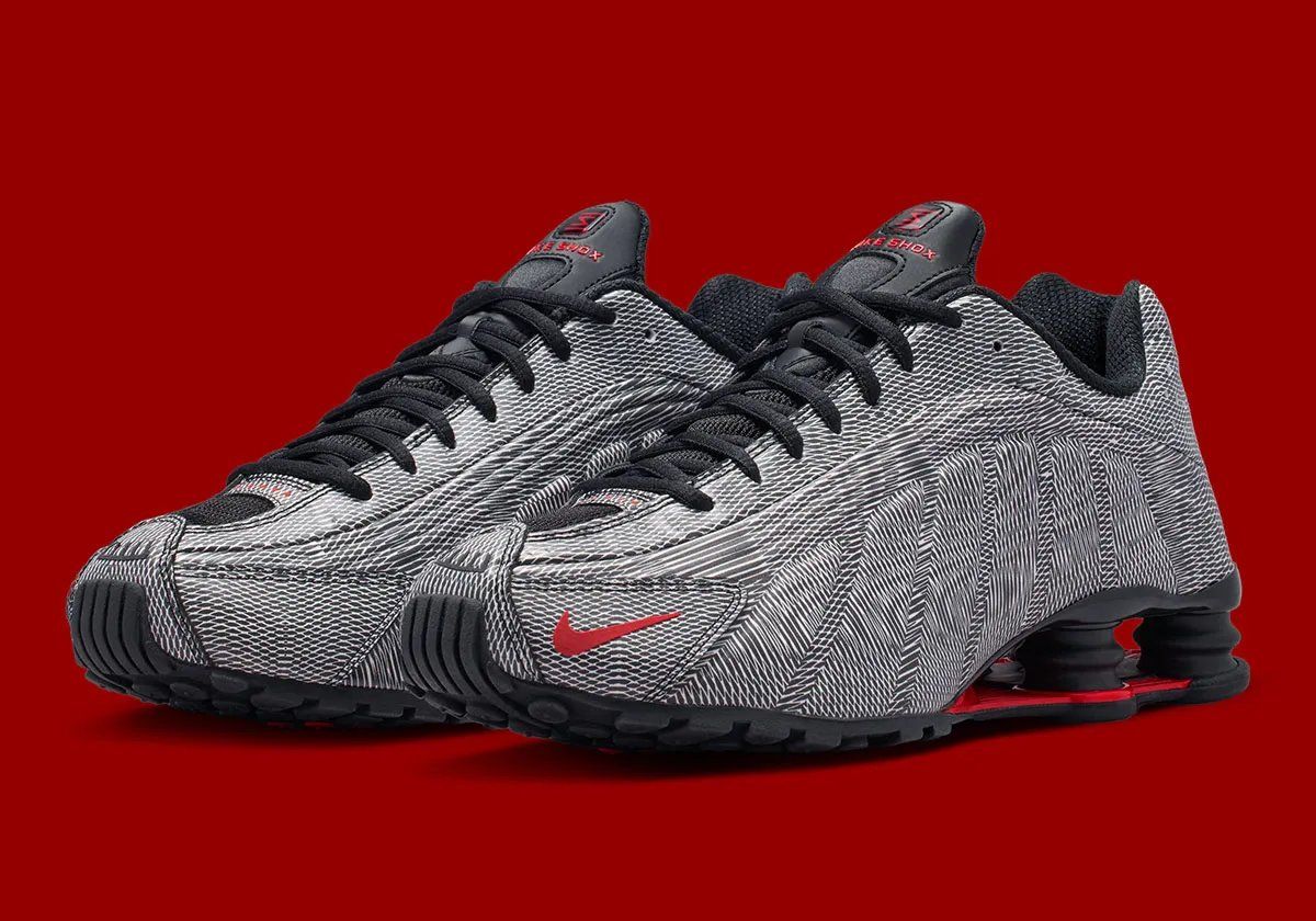 Nike Shox R4 Optical Illusion featuring black and white kinetic patterning across the upper with red mini Swoosh accents