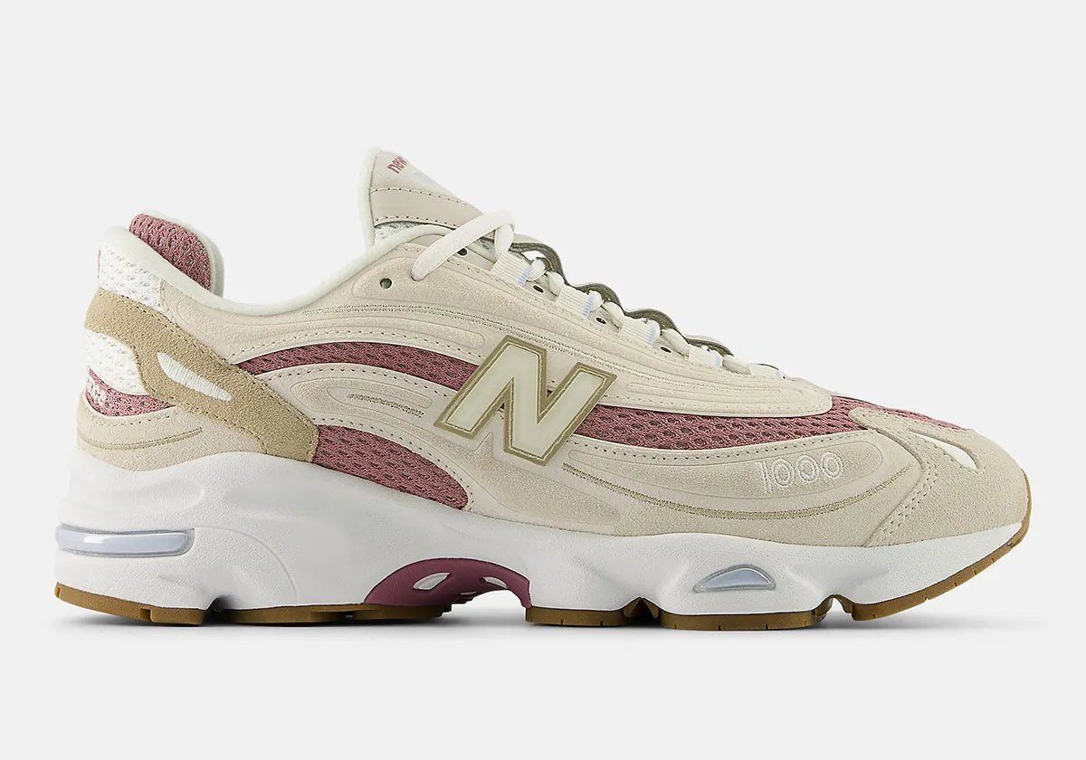 New Balance 1000 Timberwolf colorway featuring muted greige tones with Rosewood accents