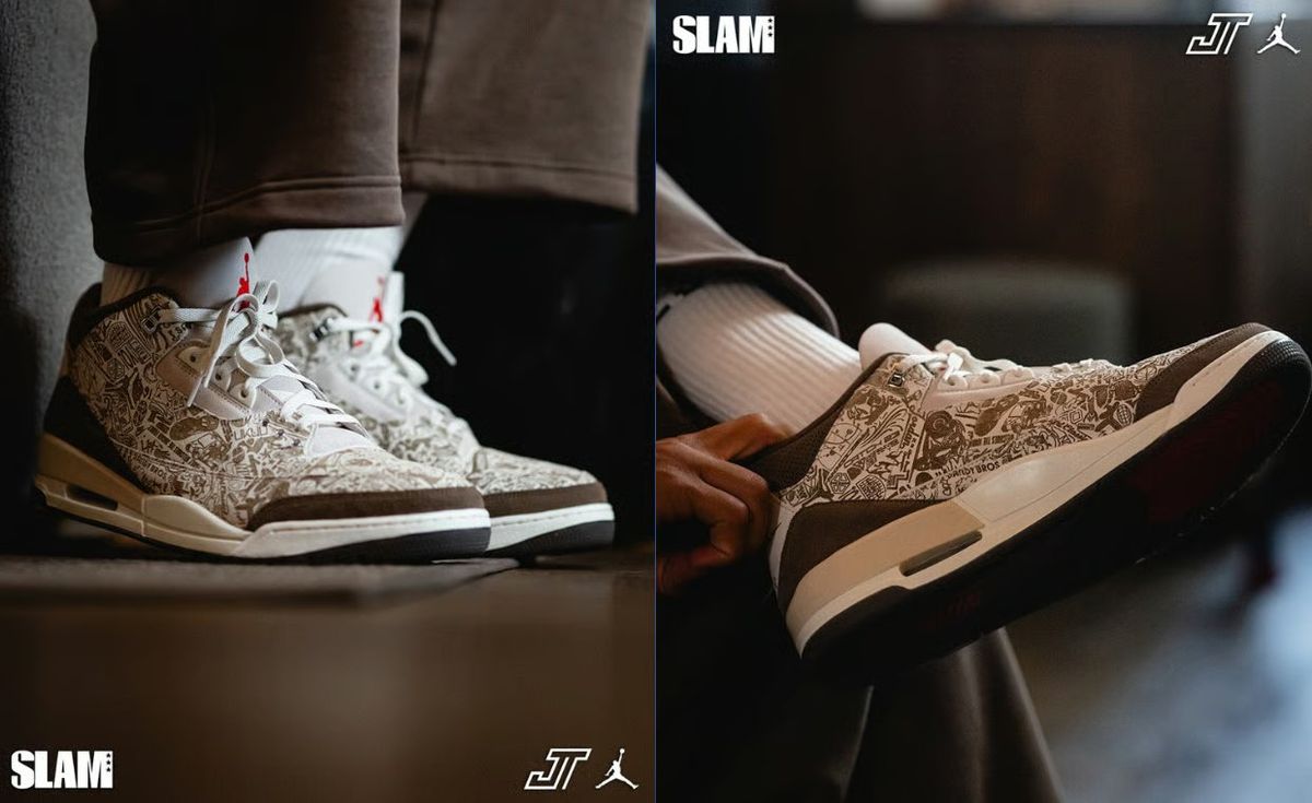 Jayson Tatum wearing the Air Jordan 3 Retro Laser with laser-etched detailing in London
