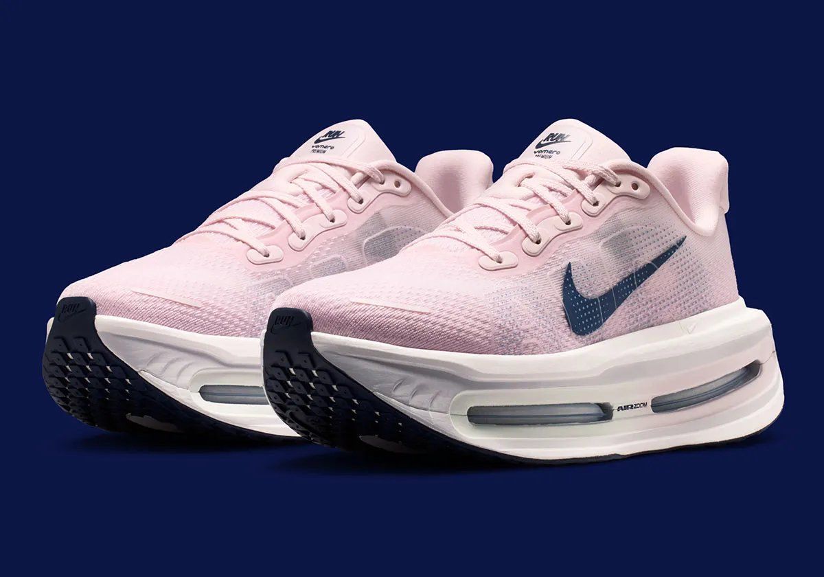 Nike Vomero Premium in Pearl Pink with Midnight Navy Swoosh and Barely Green Zoom Air cushioning unit