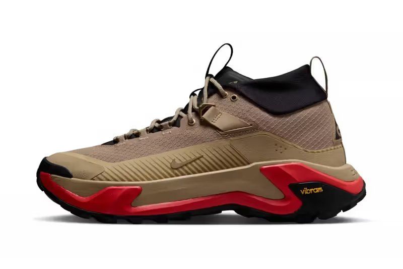 Nike ACG Zegama Hike in British Khaki colorway with earth-tone mesh and synthetic overlays, featuring black lace details and ACG branding
