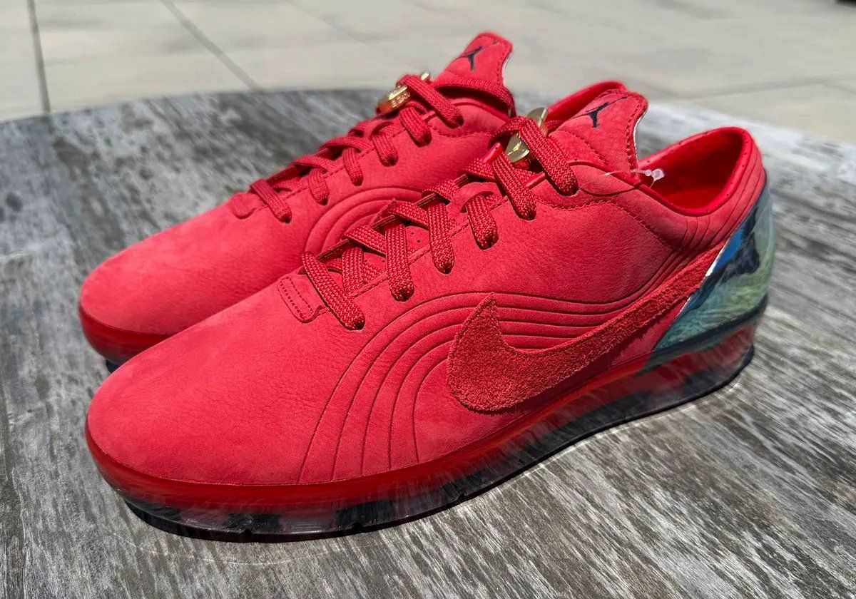 Air Jordan Cryoshot Mercurial Vapor 1 in red leather with iridescent silver heel, inspired by Ronaldo's 2002 World Cup boots