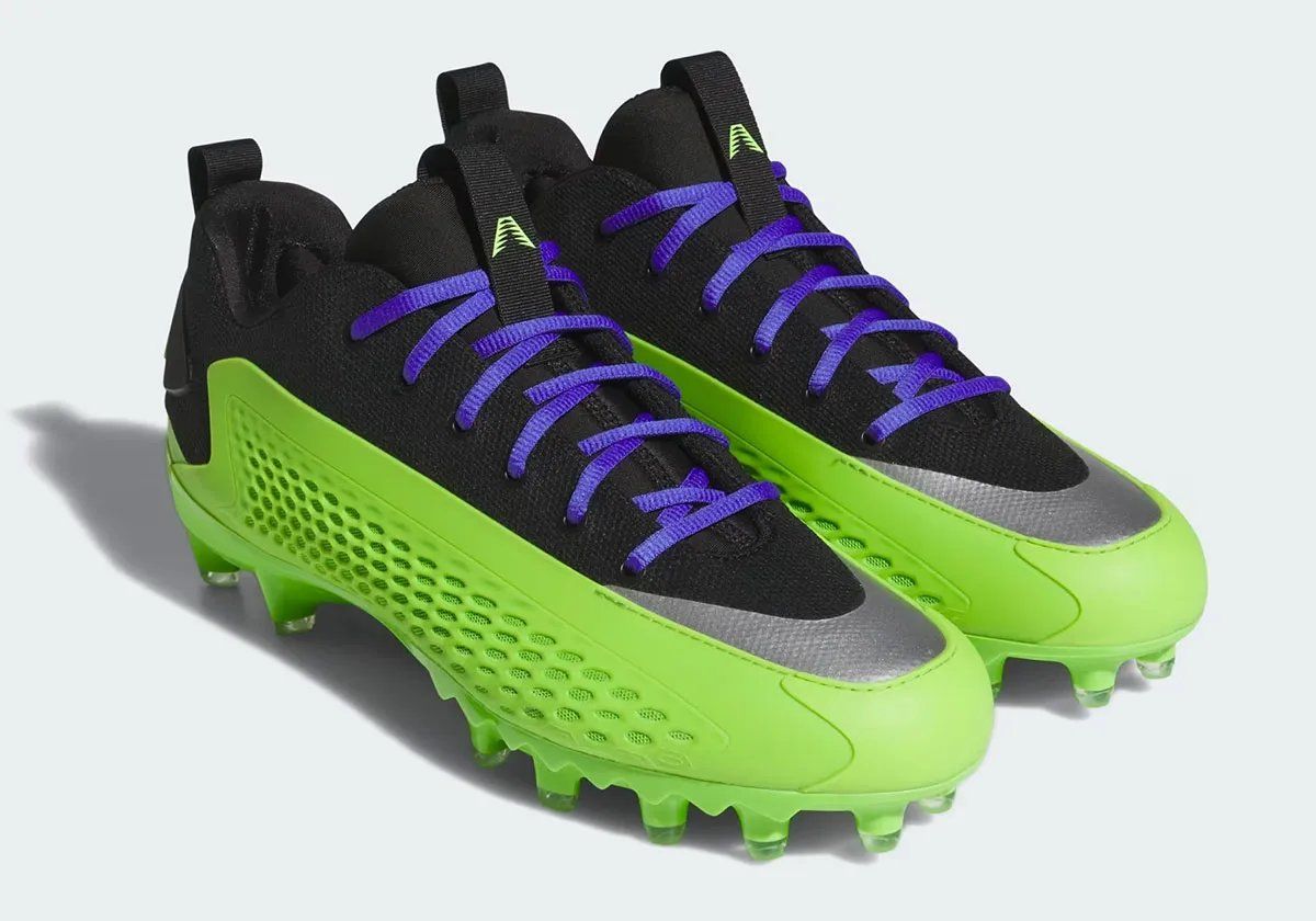 adidas Anthony Edwards 1 Low Cleat in black and Semi Solar Green Atlanta Vikings colorway