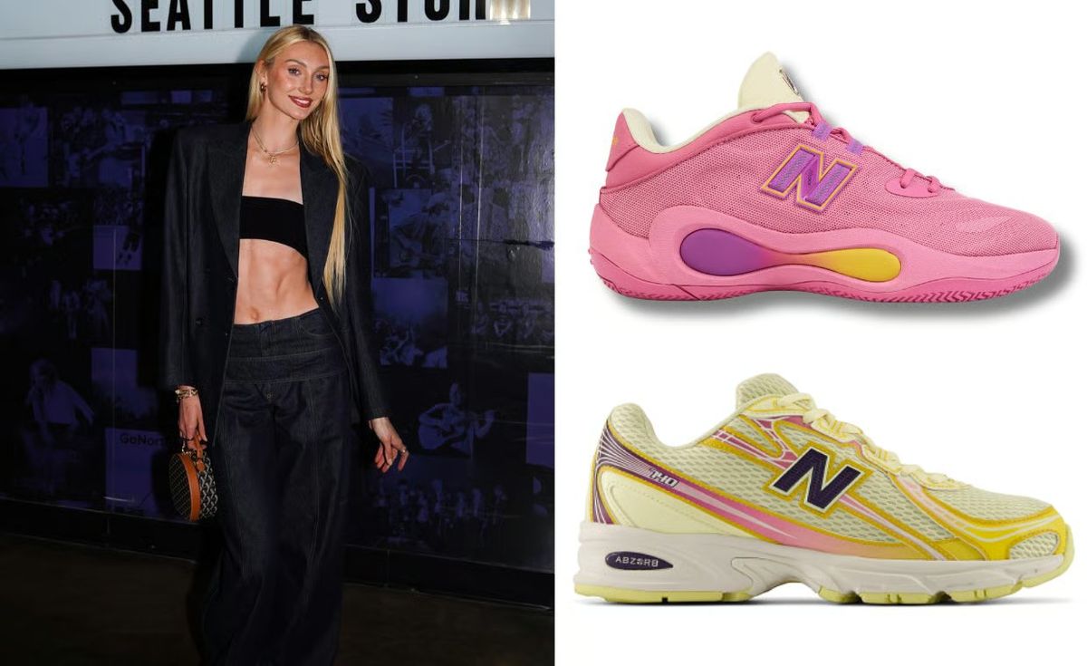Cameron Brink New Balance Malibu Melt Pack P400 Low and 740 in pink, purple, and gold sunset-inspired colorways