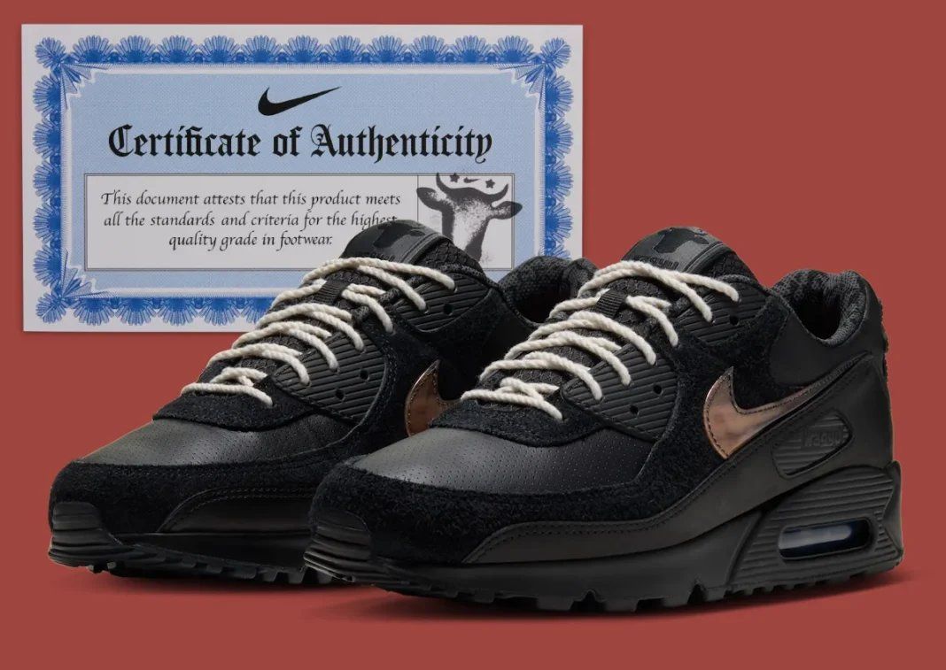 Wagyu x Nike Air Max 90 in black and anthracite with gold accents and hairy suede quarter panel