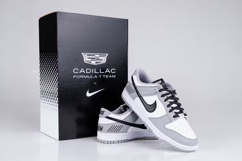 Nike Dunk Low in black and white with Stars and Stripes detailing, created for Cadillac Formula 1 Team