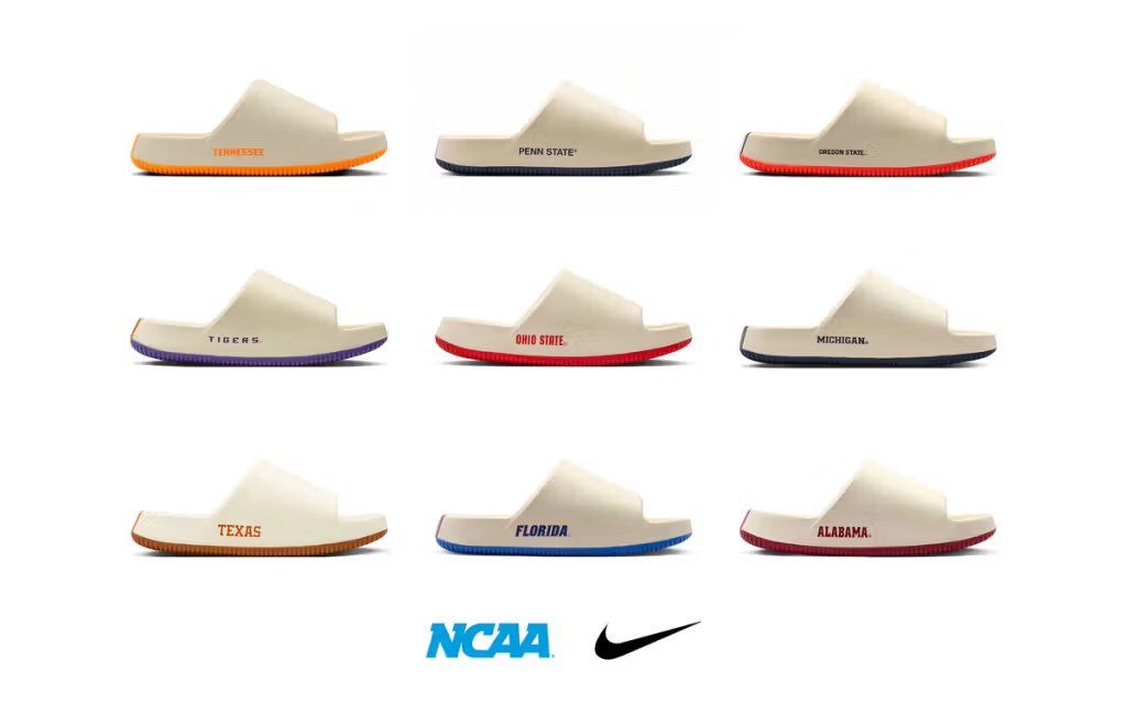 Nike Calm Slide 2.0 Collection in NCAA colorways designed for college athletes and campus culture