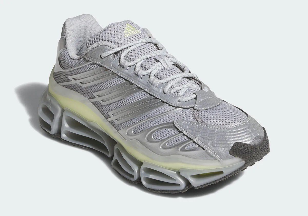 adidas Megaride AG in Silver Metallic colorway with off-white branding accents, shown from side profile