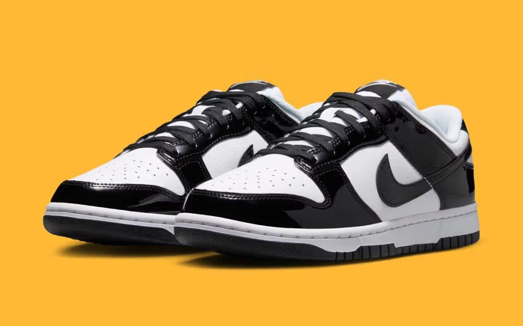 Nike Dunk Low Patent Panda sneaker in black and white patent leather, summer 2026 release