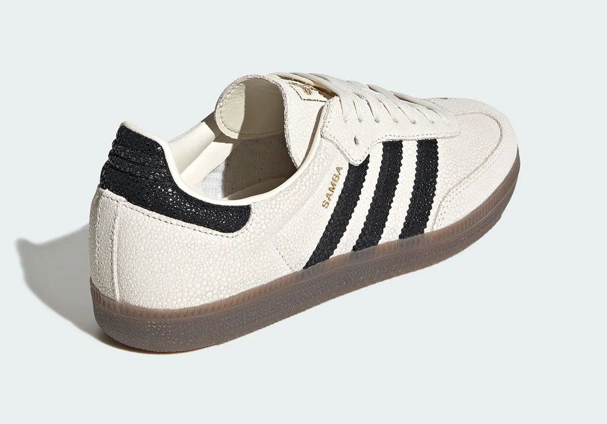 adidas Samba in stingray leather with cloud white base, core black stripes, and brown gum sole